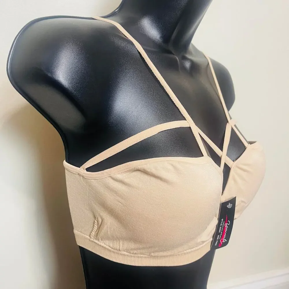 Youmita Seamless Bralette Criss-Cross Front, Free Size Fits S - L, Beige, PADDED